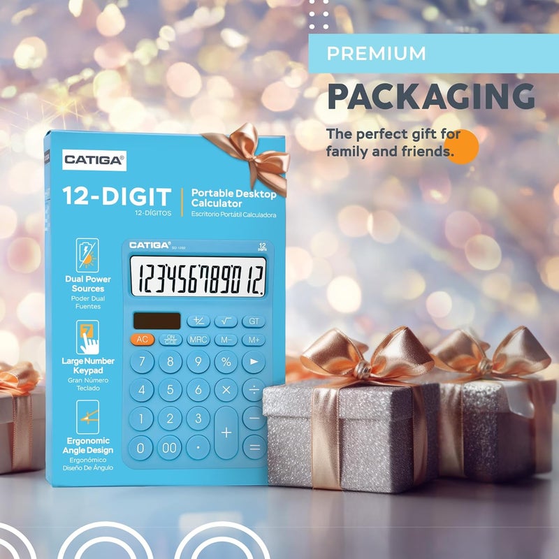 CATIGA 12 Digit Desktop Calculator Basic Desk Calculator with Large LCD Display, Big Buttons, 4 Function, Solar and Battery Dual Power, for Office, School, Home, SD-1292 Blue - Image 2